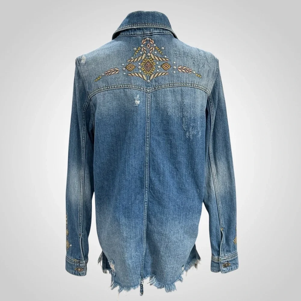 Free People Embellished Denim Shacket Oversized Western Boho Distressed Jacket - Picture 6 of 8